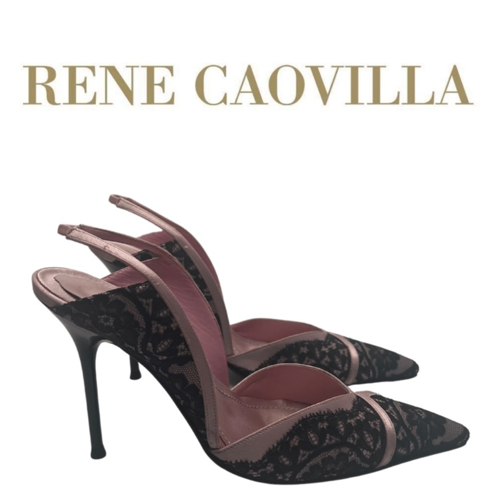 Rene Caovilla Pink & Black Lace Slingback Heels Size 37